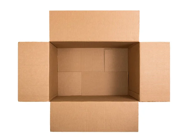 Открытая картонная коробка изолирована на белом фоне. Вид сверху — стоковое фото
