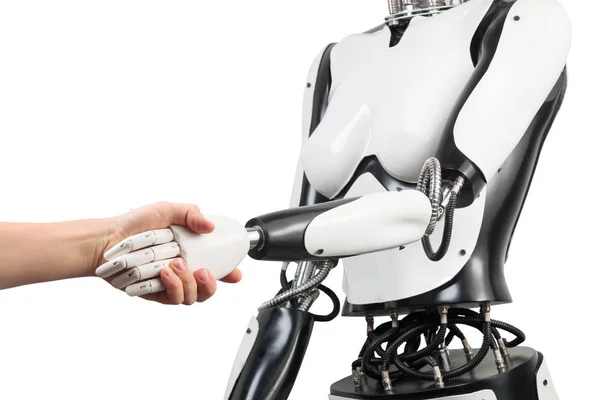 Mujer robot y hombre cogidos de la mano con apretón de manos aislado en wh —  Fotos de Stock