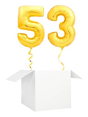 Altın sayı elli üç şişme balon altın şerit beyaz arka plan üzerinde izole boş beyaz kutu dışında uçan ile
