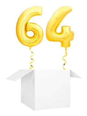 Altın sayı altmış dört şişme balon altın şerit beyaz arka plan üzerinde izole boş beyaz kutu dışında uçan ile