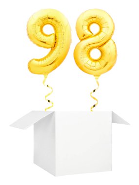 Altın sayı doksan sekiz şişme balon altın şerit beyaz arka plan üzerinde izole boş beyaz kutu dışında uçan ile