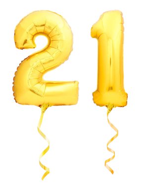 Altın sayı 21 yirmi bir şişme balon üzerinde beyaz izole şerit ile yapılan