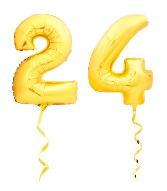 Altın sayı 24 yirmi dört şişme balon üzerinde beyaz izole şerit ile yapılan