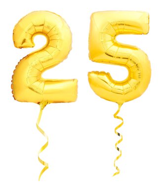 Altın sayı 25 yirmi beş şişme balon üzerinde beyaz izole şerit ile yapılan
