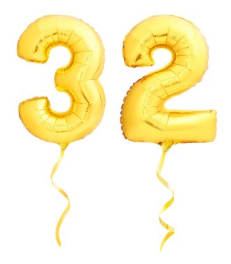 Beyaz kurdele ile şişme balon altın sayı 31 otuz iki yapılmış