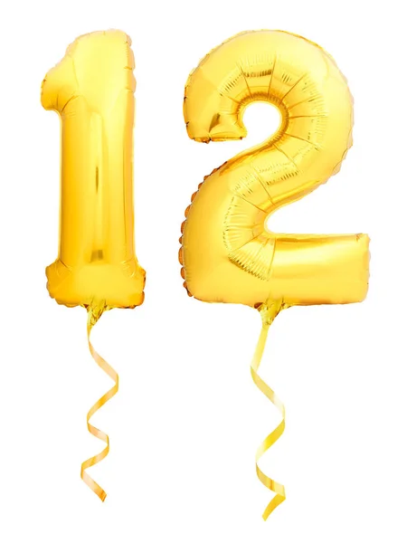 Número dorado 12 doce hecho de globo inflable con cinta dorada sobre blanco —  Fotos de Stock