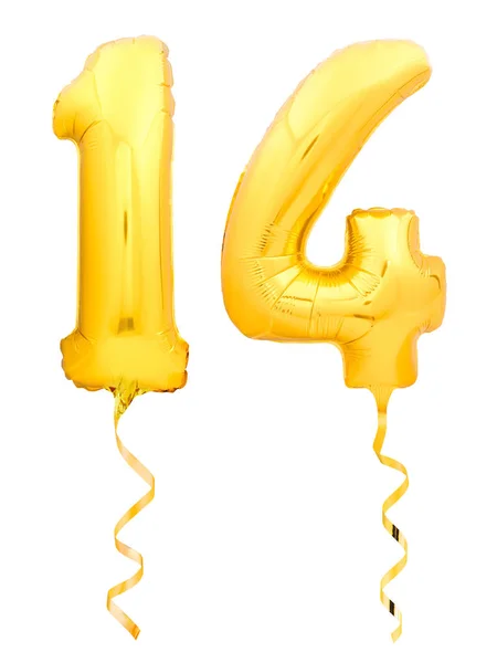 Golden number fourteen made of inflatable balloon with golden ribbon on white — Stock Photo, Image