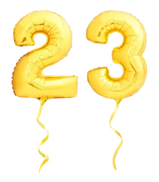 Número dorado 23 veintitrés hecho de globo inflable con cinta aislada en blanco — Foto de Stock