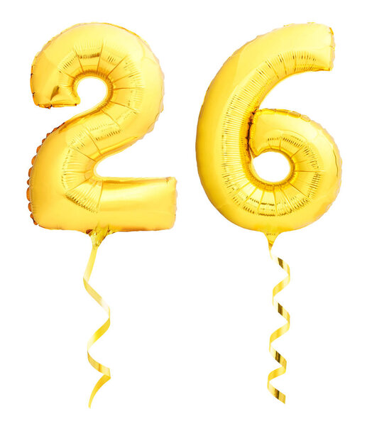 Golden number 26 twenty six made of inflatable balloon with ribbon isolated on white