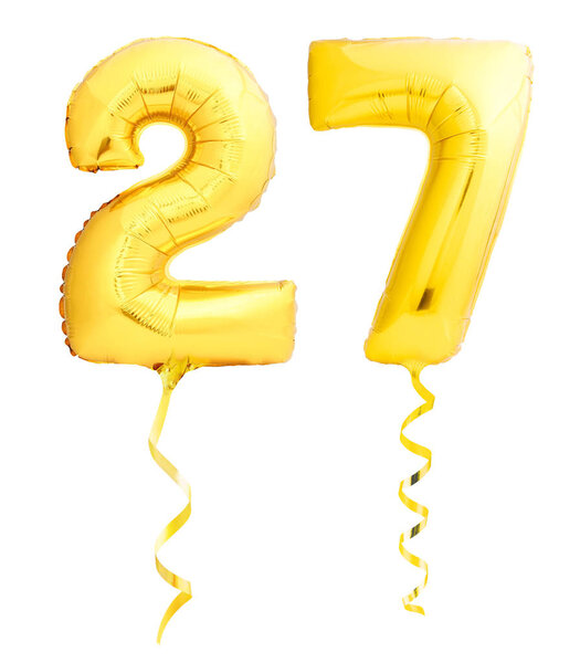 Golden number 27 twenty seven made of inflatable balloon with ribbon isolated on white