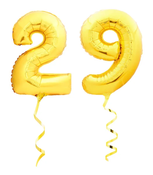 Golden number 29 twenty nine made of inflatable balloon with ribbon isolated on white — Stock Photo, Image
