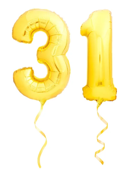 Número dorado 31 treinta y uno hecho de globo inflable con cinta en blanco —  Fotos de Stock
