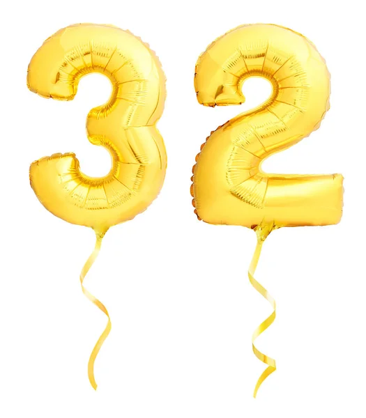 Golden number 31 thirty two made of inflatable balloon with ribbon on white — Stock Photo, Image