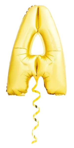 Zlaté písmeno A vyrobené z Nafukovací balónek s mašlí na bílém — Stock fotografie