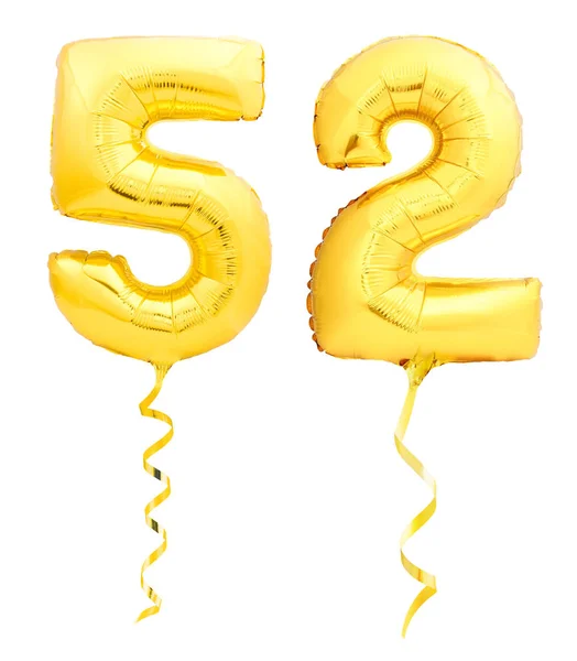 Número de oro cincuenta y dos 52 hecho de globo inflable con cinta en blanco — Foto de Stock