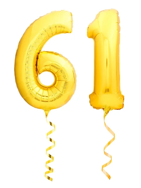 Golden number sixty one 61 made of inflatable balloon with ribbon on white — Stock Photo, Image