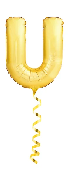 Goldener Buchstabe u aus aufblasbarem Ballon mit Band isoliert auf weiß — Stockfoto