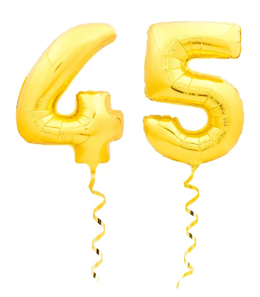 Número dourado quarenta e cinco 45 feitos de balão inflável com fita em branco — Fotografia de Stock