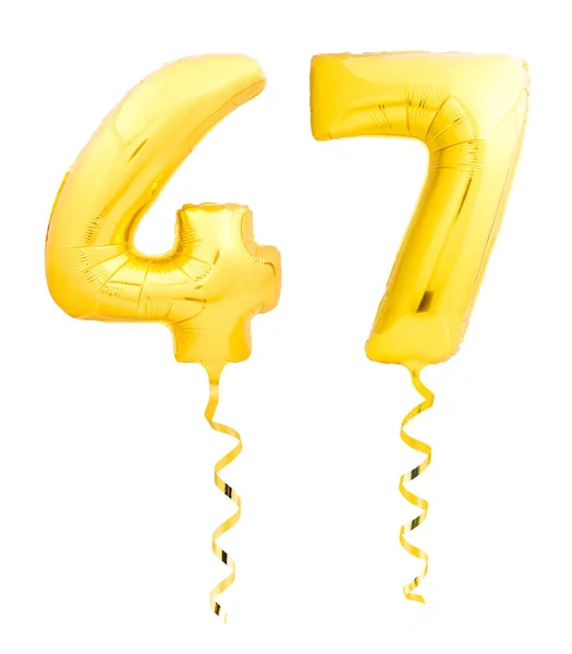 Golden number forty seven 47 made of inflatable balloon with ribbon on white — Stock Photo, Image