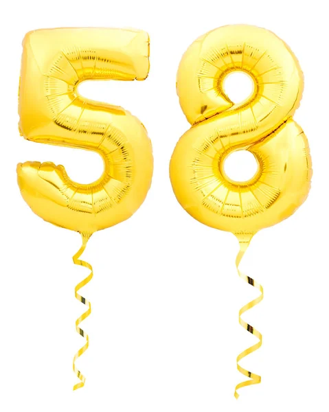 Número de oro cincuenta y ocho 58 hecho de globo inflable con cinta en blanco — Foto de Stock