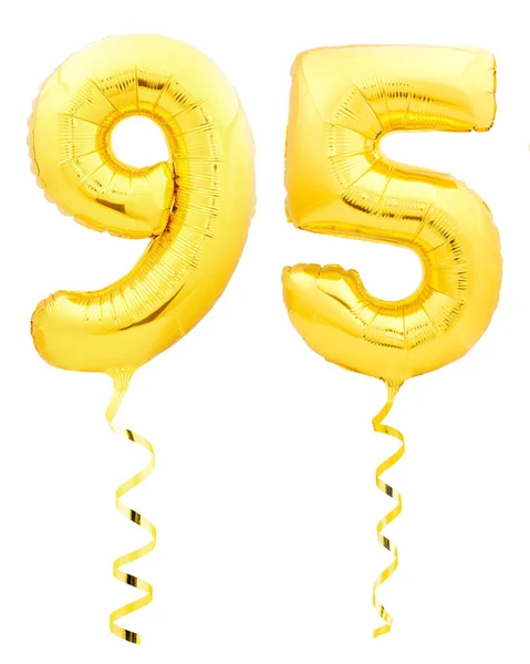 Χρυσή αριθμός ενενήντα πέντε 95 από Φουσκωτά μπαλόνια με κορδέλα σε λευκό — Φωτογραφία Αρχείου