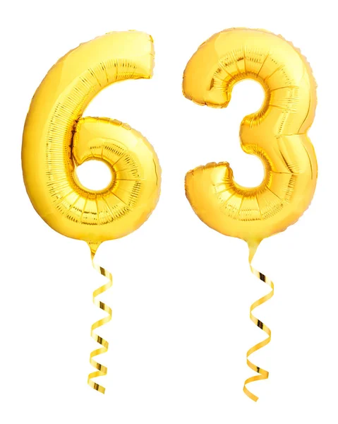 Golden number sixty three 63 made of inflatable balloon with ribbon on white — Stock Photo, Image