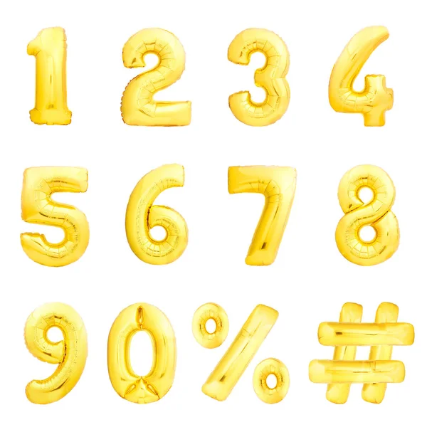 Numbers set, hashtag, percent. Golden inflatable balloons — Stock Photo, Image