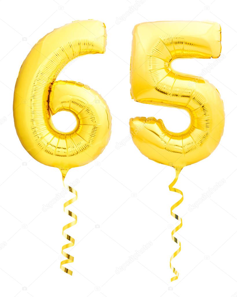 Golden number sixty five 65 made of inflatable balloon with ribbon on white