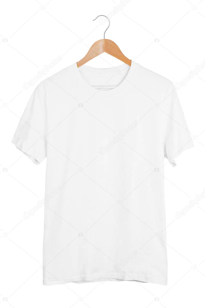 Blank white t-shirt on wooden hanger isolated on white background