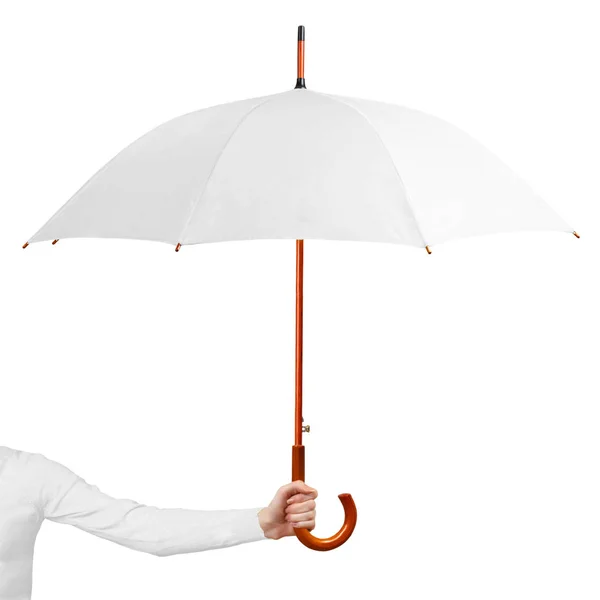 Hand hold white open umbrella isolated on white background. Woman holding umbrella on white background — Stock Photo, Image