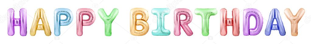 Words happy birthday made of colorful inflatable balloons isolated on white background