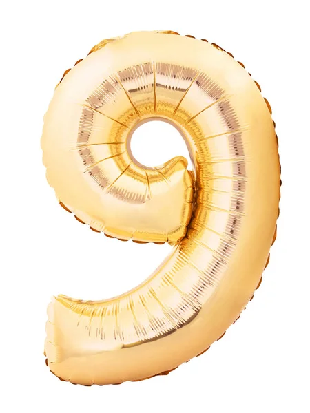 Number 9 nine made of golden inflatable balloon isolated on white background. Helium balloon nine 9 number — Stock Photo, Image