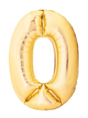 Beyaz arka planda izole altın şişme balondan yapılmış 0 numara sıfır. Helyum balonu sıfır 0 sayısı