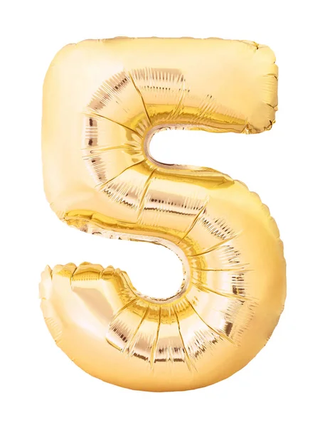Número 5 cinco fabricado en globo inflable dorado aislado sobre fondo blanco. Globo de helio cinco 5 número — Foto de Stock