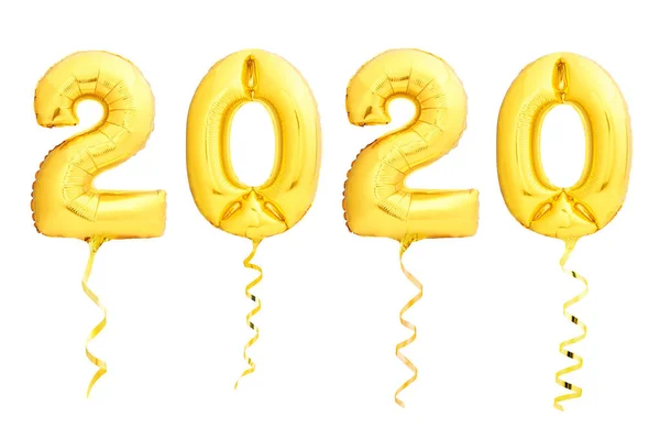 Balões dourados do Natal 2020 feitos do balão inflável com fita dourada no branco — Fotografia de Stock