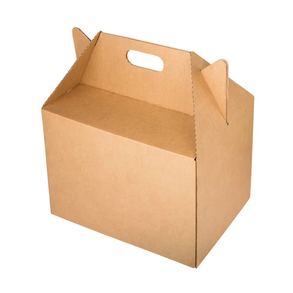 Bruine kartonnen doos met handvat geïsoleerd op witte achtergrond — Stockfoto