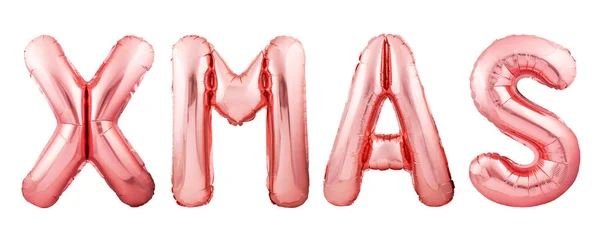 Word XMAS made of rose gold inflatable balloon letters isolated on white background