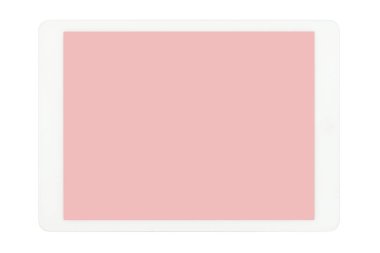 Beyaz arka planda izole edilmiş pembe ekranlı tablet bilgisayar