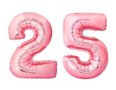 Beyaz arka plan üzerinde izole gül altın şişme balonlar yapılmış Sayı 25 yirmi beş