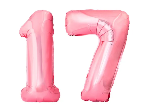 Número 17 diecisiete hecha de globos inflables de oro rosa aislados sobre fondo blanco —  Fotos de Stock
