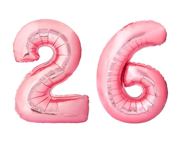 Número 26 vinte e seis feitos de balões infláveis de ouro rosa isolados no fundo branco — Fotografia de Stock