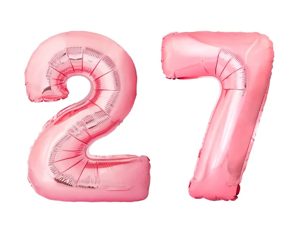 Número 27 veintisiete hecho de globos inflables de oro rosa aislados sobre fondo blanco —  Fotos de Stock