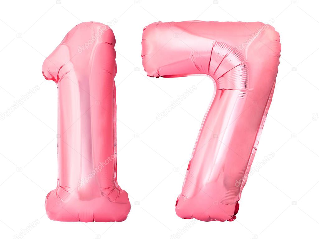 Number 17 seventeen made of rose gold inflatable balloons isolated on white background