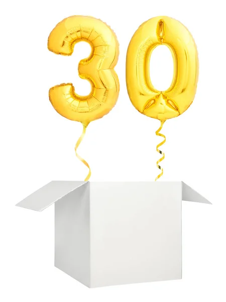Złoty numer trzydzieści balonu puste pudełka biały na białym tle — Zdjęcie stockowe