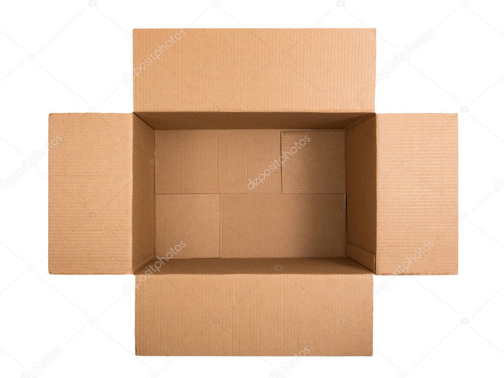 Opened cardboard box isolated on white background. View from above