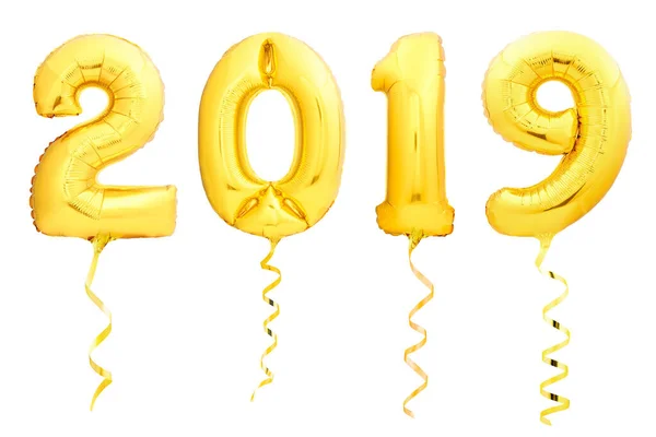Golden Christmas 2019 balloons made of inflatable balloon with golden ribbon on white — Stock Photo, Image
