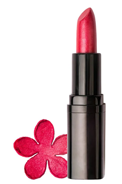 Red lipstick with a lipstick sample shape as a tiny flower isolated on a white — Stock Photo, Image