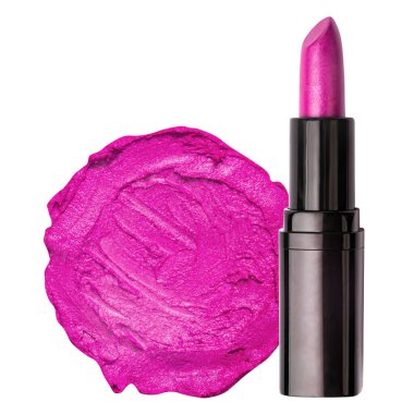 Beyaz bir arkaplanda izole edilmiş boş bir ruj örneği ile mor ruj.