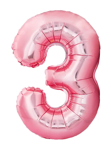 Número 3 tres hecha de globo inflable de oro rosa aislado sobre fondo blanco — Foto de Stock