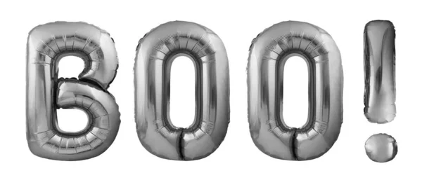Word Boo med utropstegn laget av oppblåsbare ballonger isolert på hvit bakgrunn – stockfoto